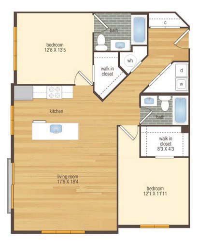 Floor plan for 2 beds, 2 baths, 1185 sqft